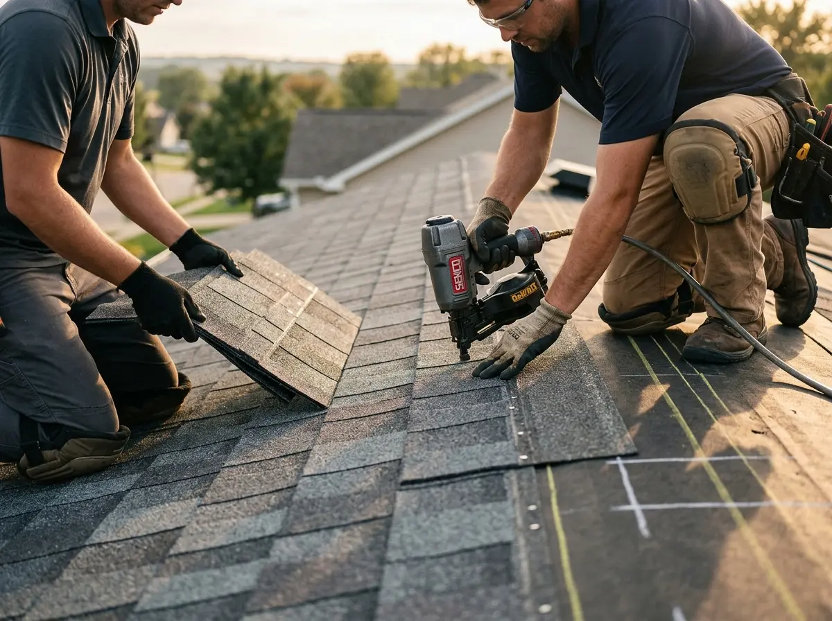 Professional roofer working on a residential roof in Slinger